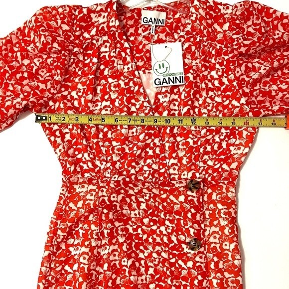 NWT Ganni Dress Abstract Floral Orange Dot Crepe Midi Size 2 - Picture 11 of 15